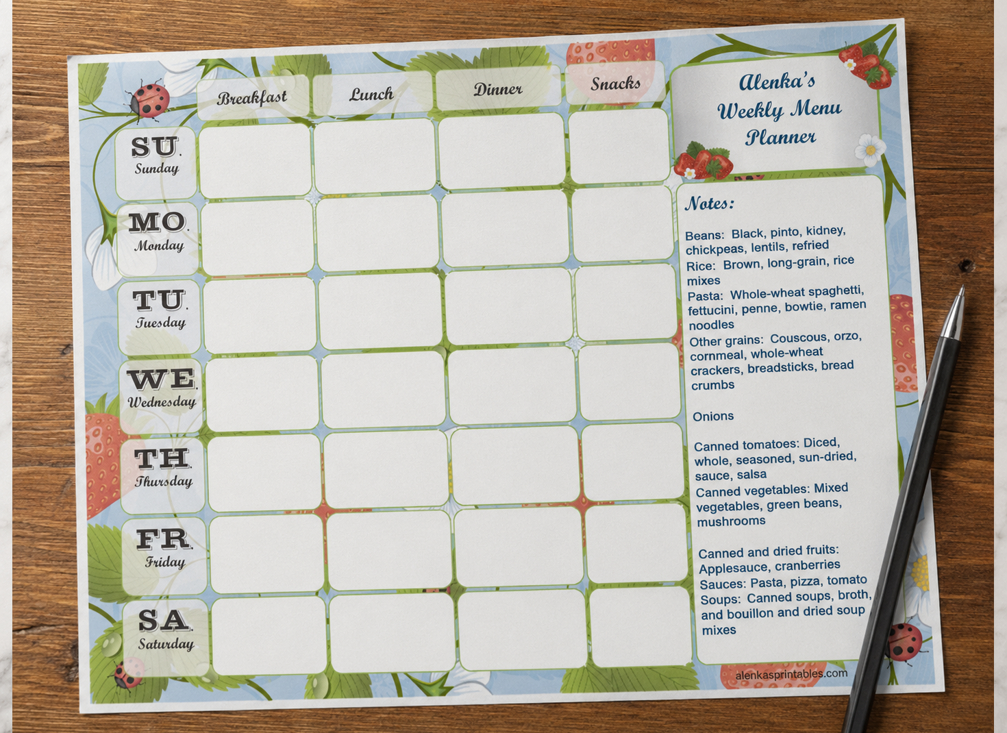 Free weekly menu planner printable PDF preview
