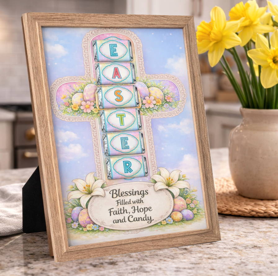 Easter candy cross printable displayed in a wooden 8x10 picture frame with mini candy bars spelling EASTER