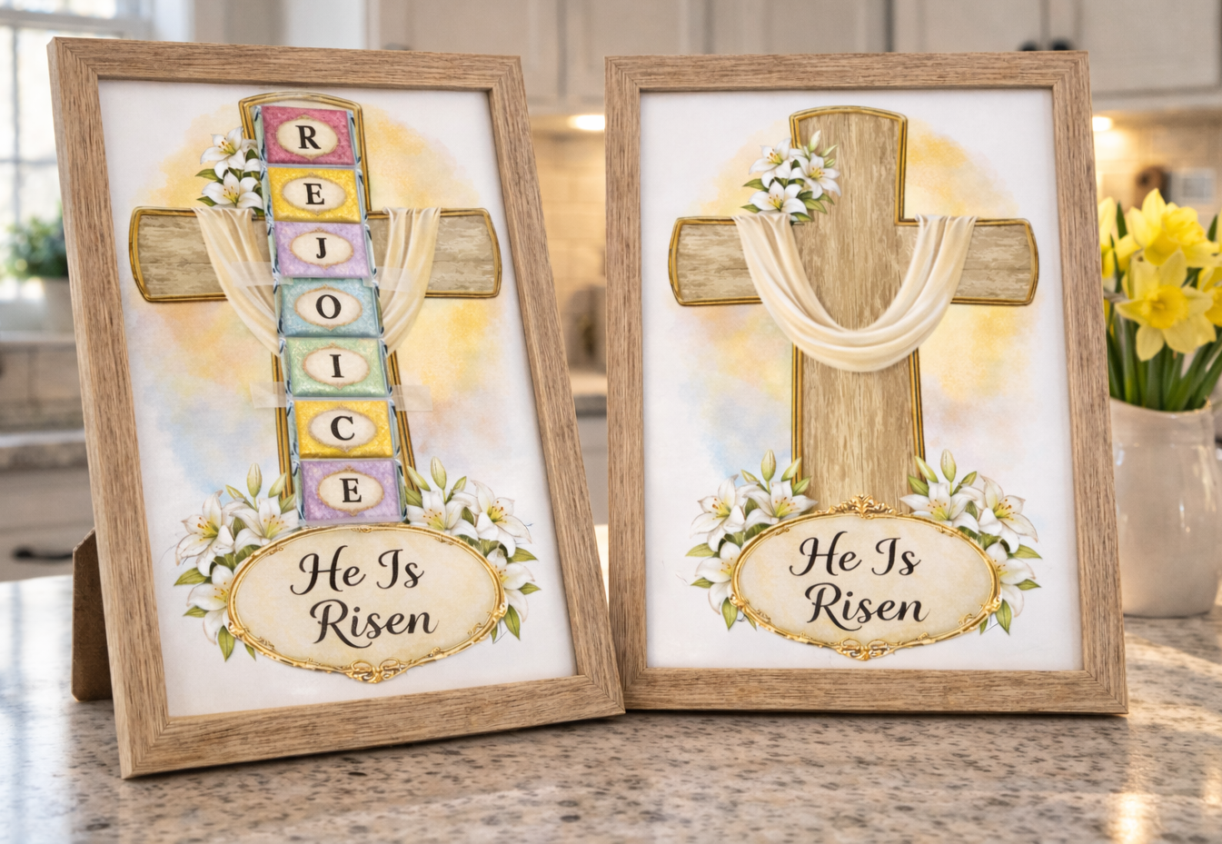 Wooden Easter candy cross printable displayed in a wooden 8x10 picture frame with mini candy bars spelling REJOICE