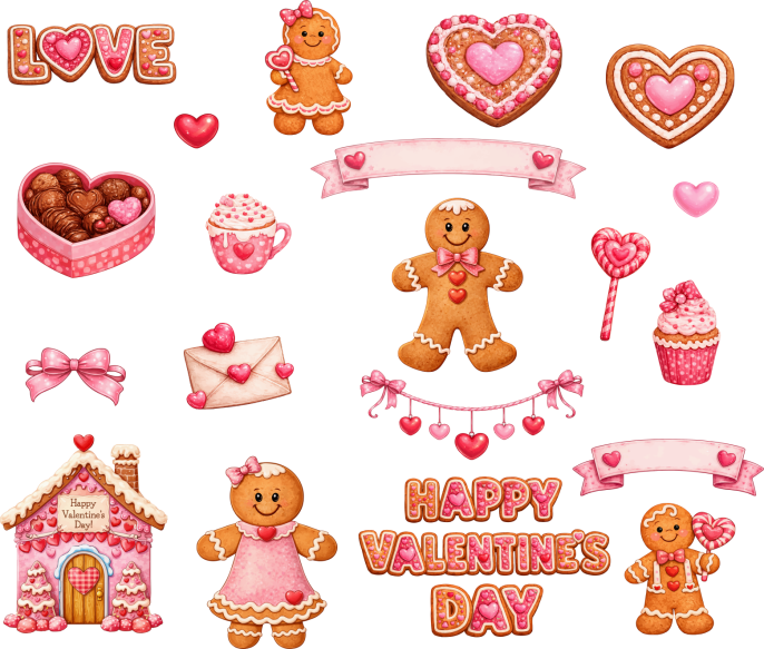 Valentine gingerbread cookie clipart collection with hearts cupcakes candy gingerbread house and Valentine lettering