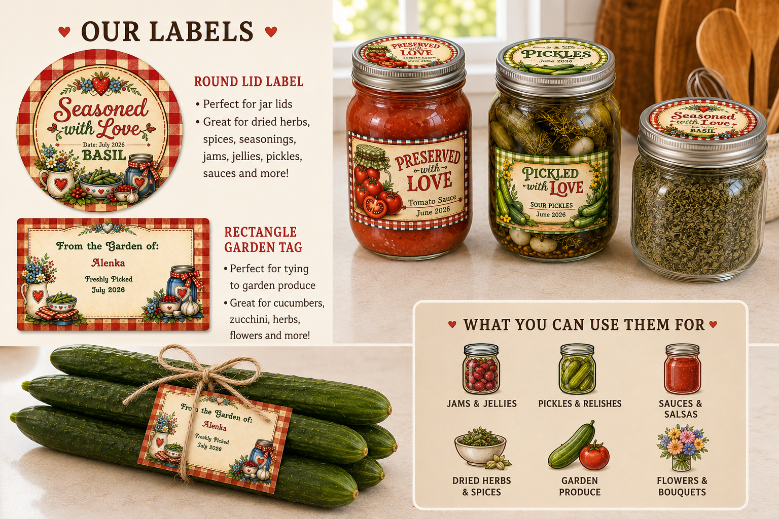 Printable farmhouse canning labels for Mason jars, homemade foods, herbs, and fresh garden produce