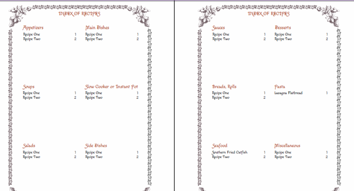 Recipe index pages printable PDF